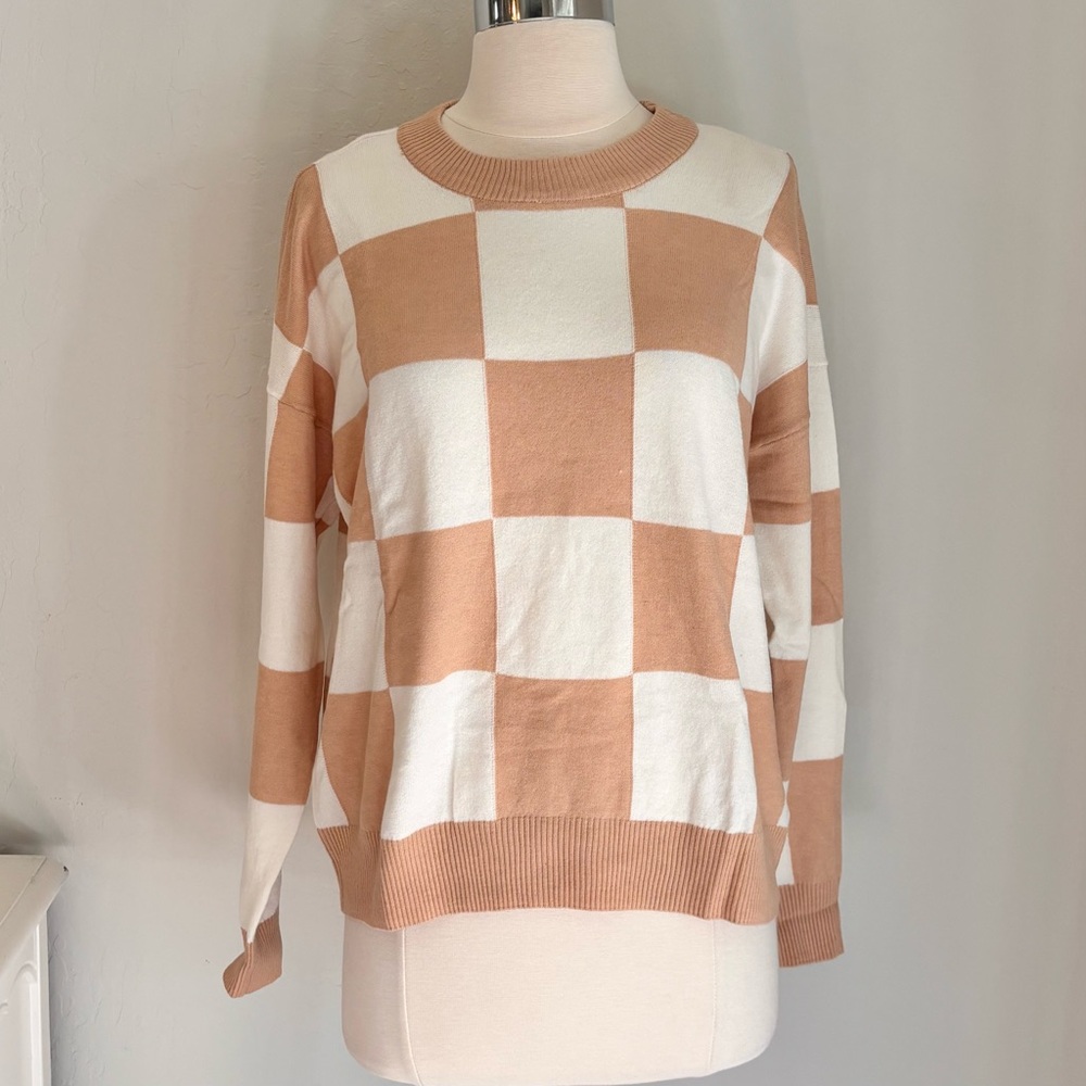 T Tahari Ivory & Nude Large Checker Pattern Pullover Sweater, Size Small NWT